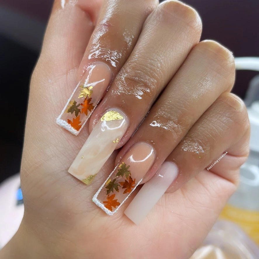 Translucent square nails with leaf-like autumn tips