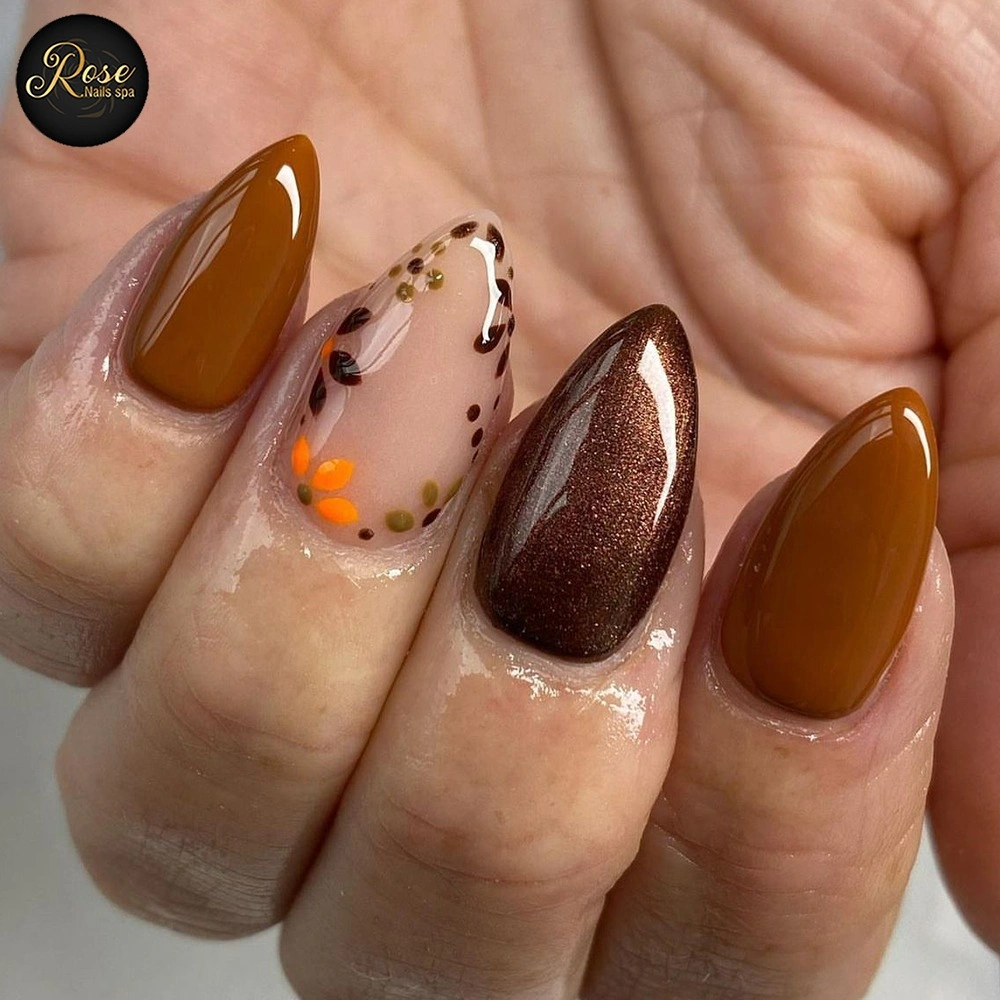 Mustard brown almond nails with tiny border art