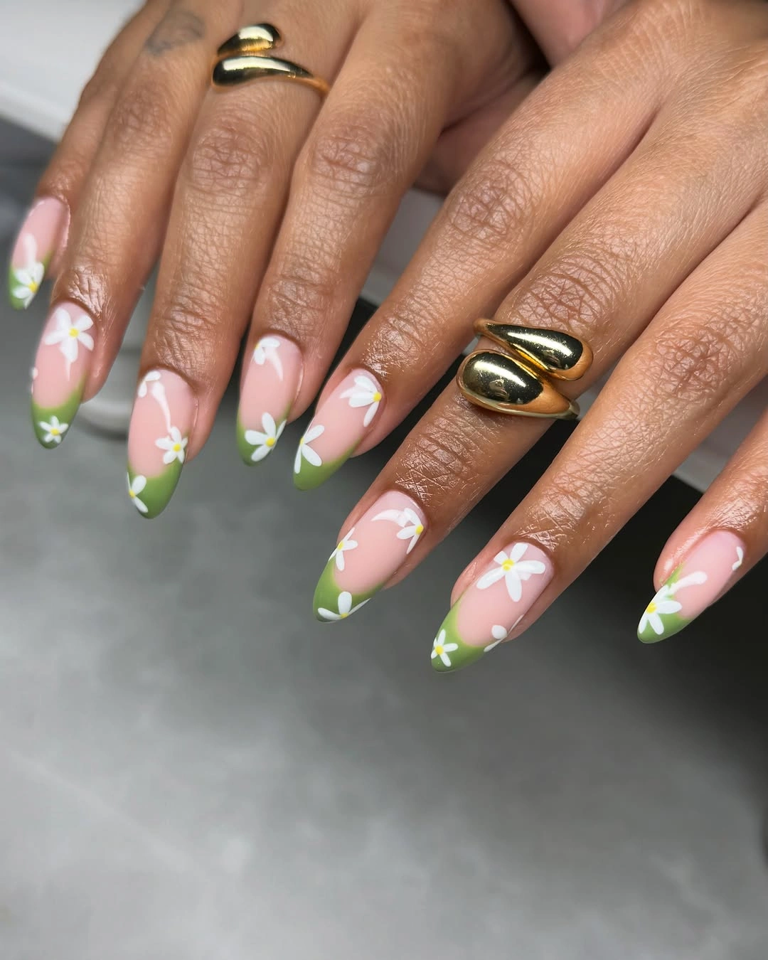 Olive French almond nails with white daisy flowers