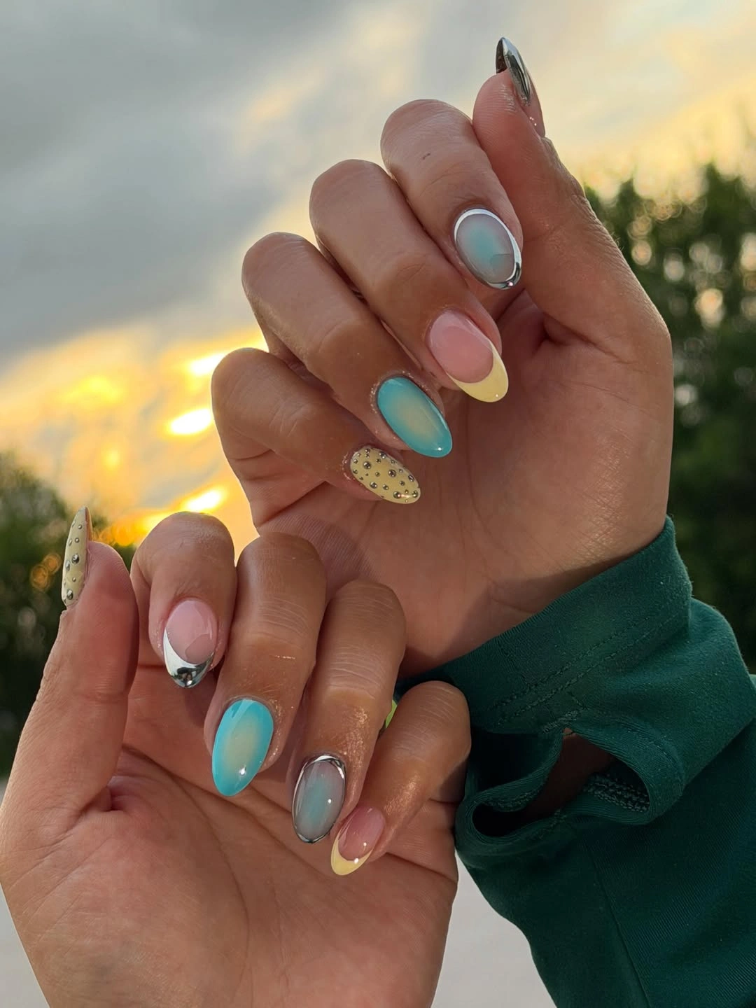Aqua gradient almond nails with yellow French accents