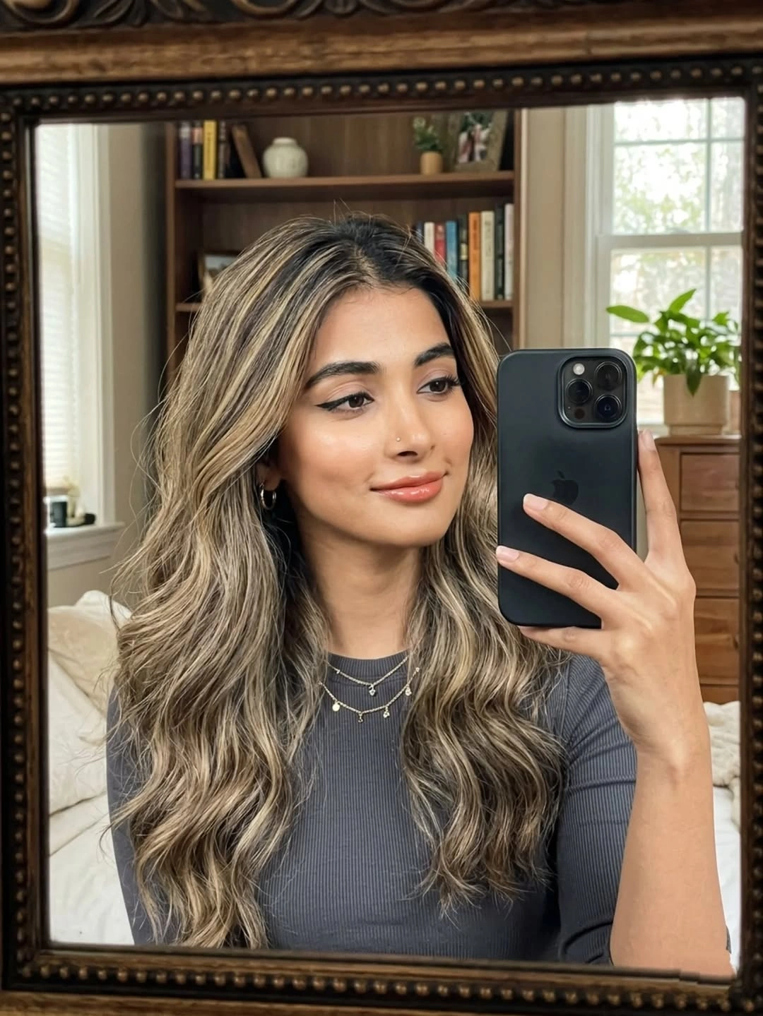 Brown waves with beige blonde face framing ribbons