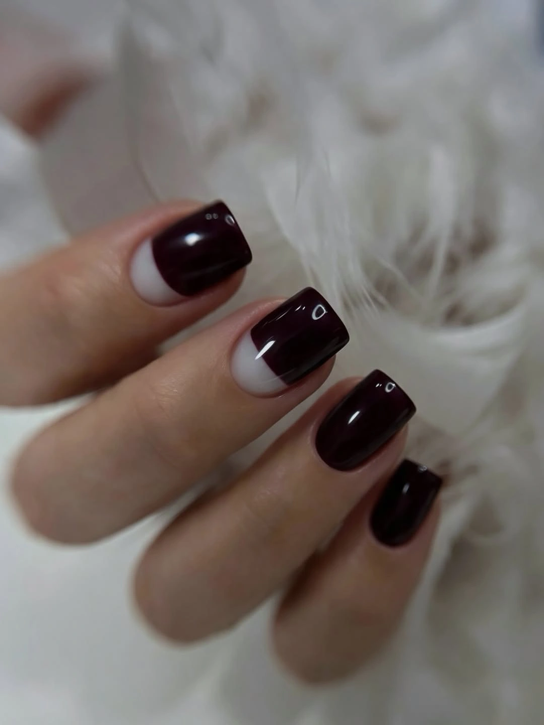 Short dark burgundy nails with pale double French bands
