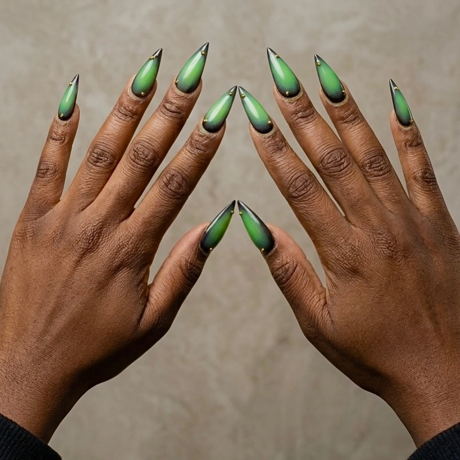 Emerald green to black gradient on long pointed almond nails