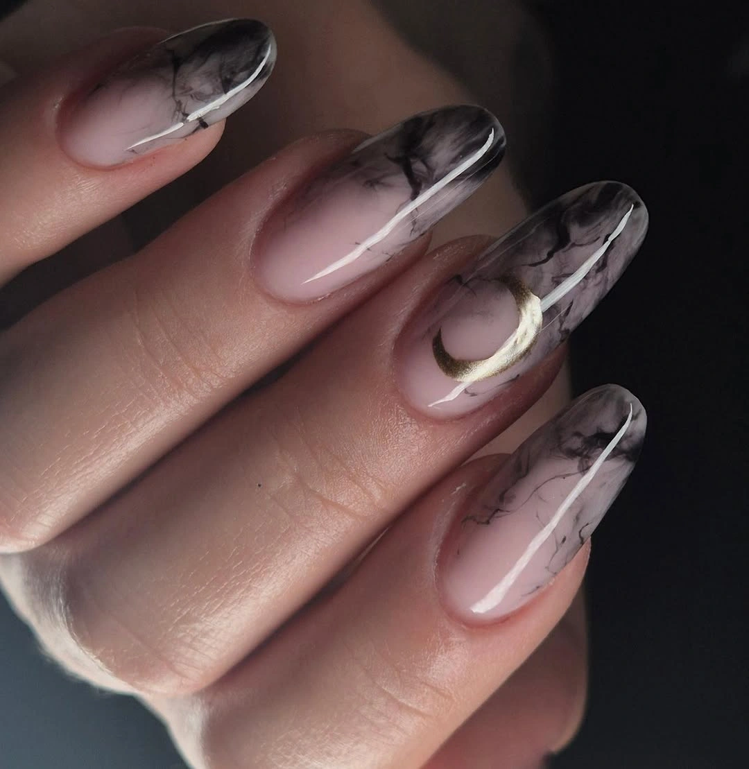Medium square pale nails with smoky marble and white curves