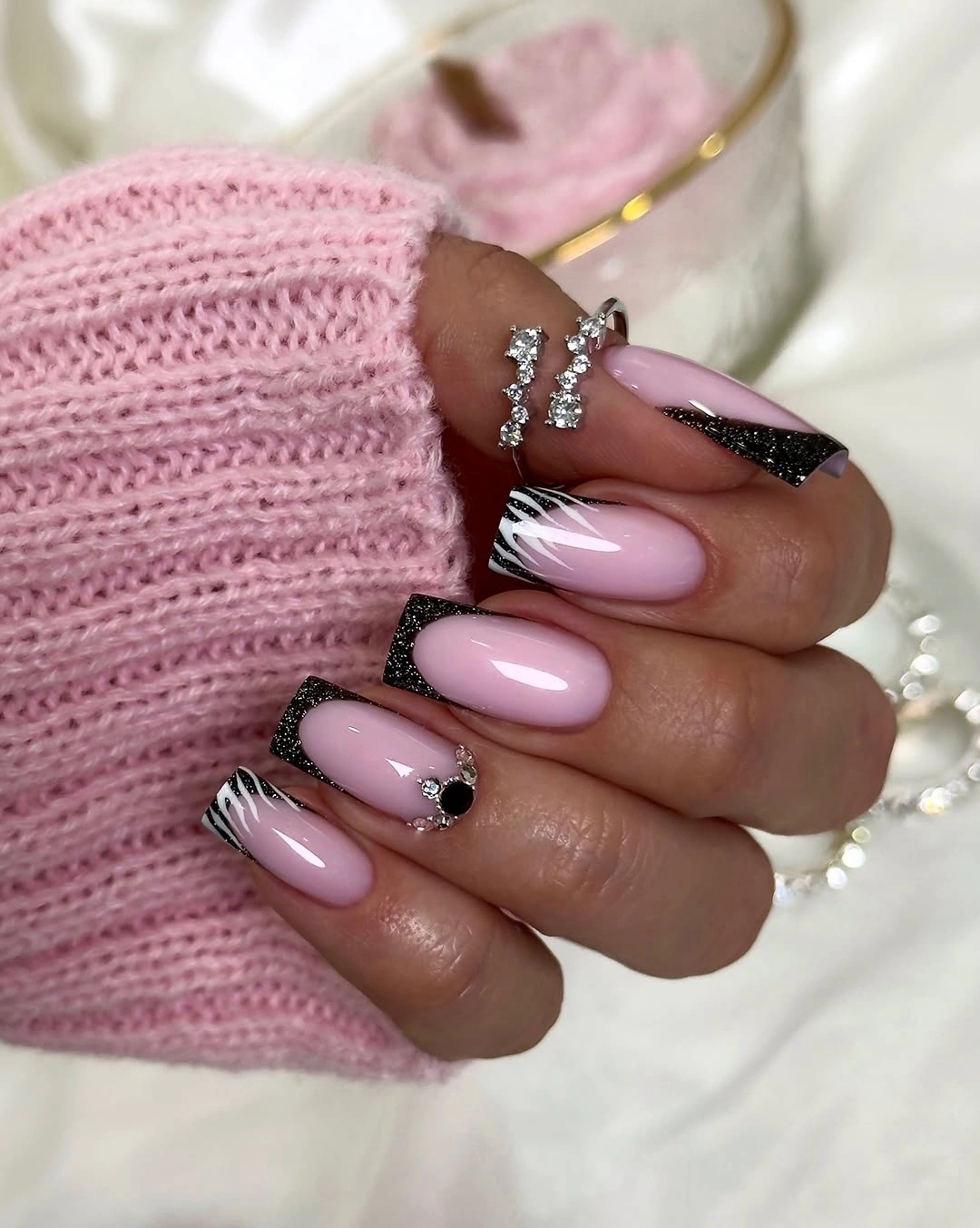 Long almond nails with layered white dark and metallic French edges