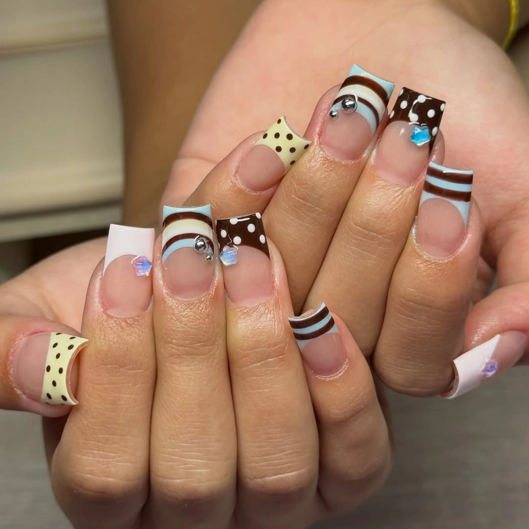 Mixed French tips with dots stripes turquoise and chocolate accents