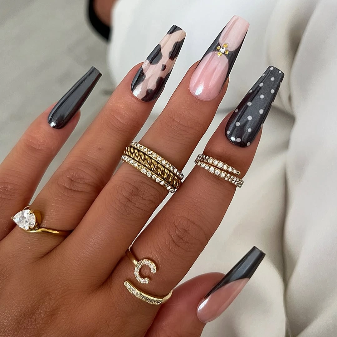 Black, Pink, and Gray on Sharp Stiletto Tips