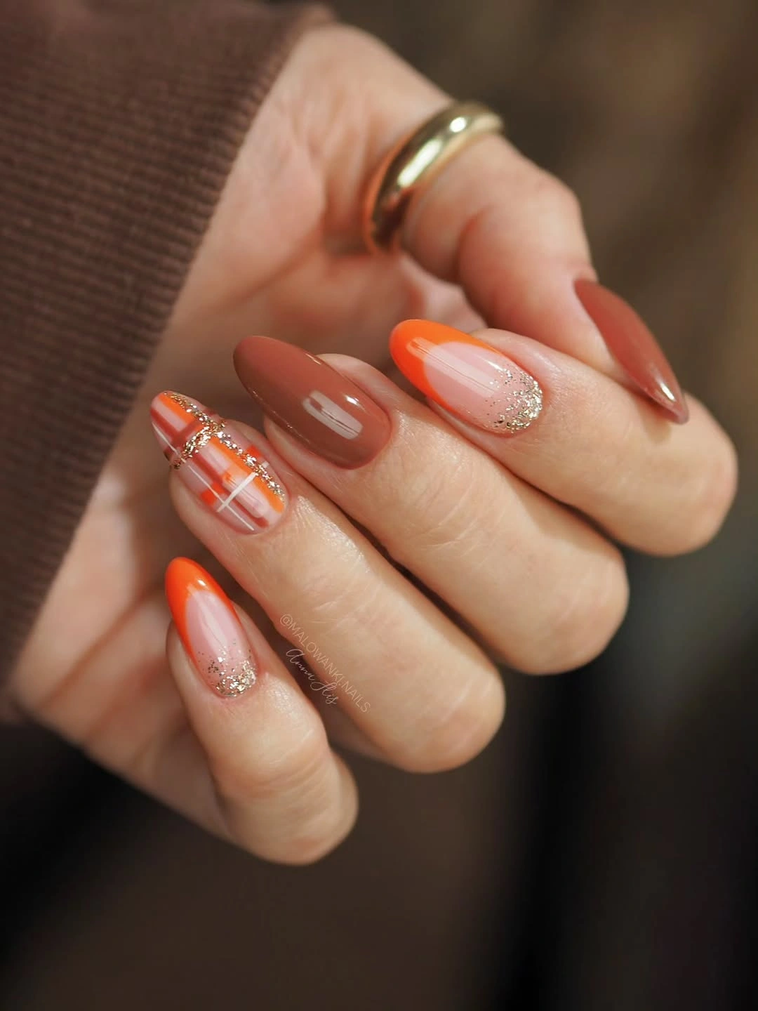 Taupe Almonds with Orange French and Glitter