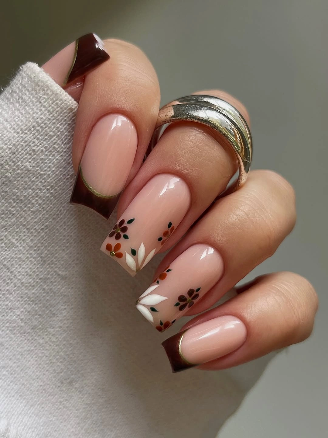 Nude Square Nails with Brown Tips and Orange Dots
