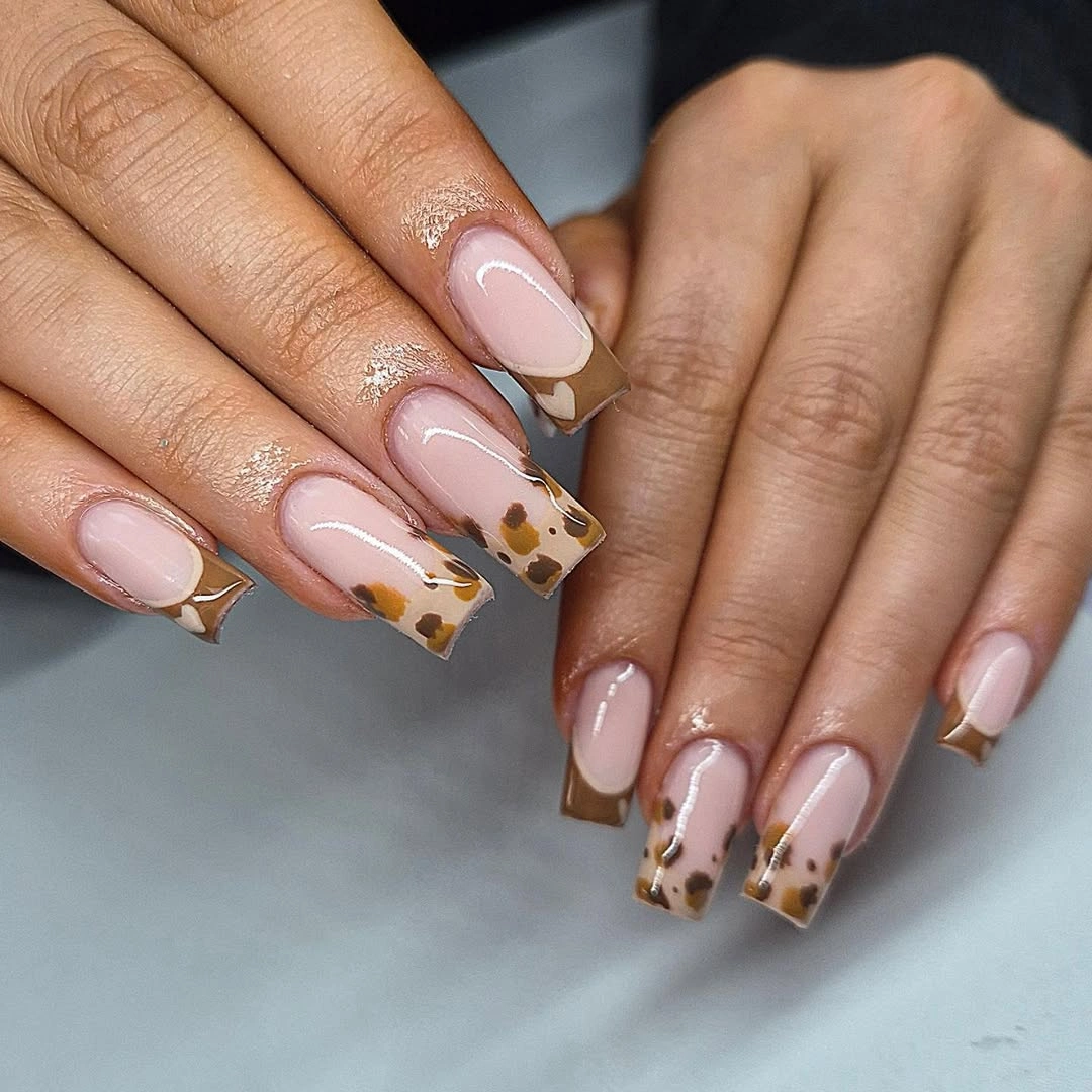 Blush Nails with Brown Abstract French and Gold Flecks