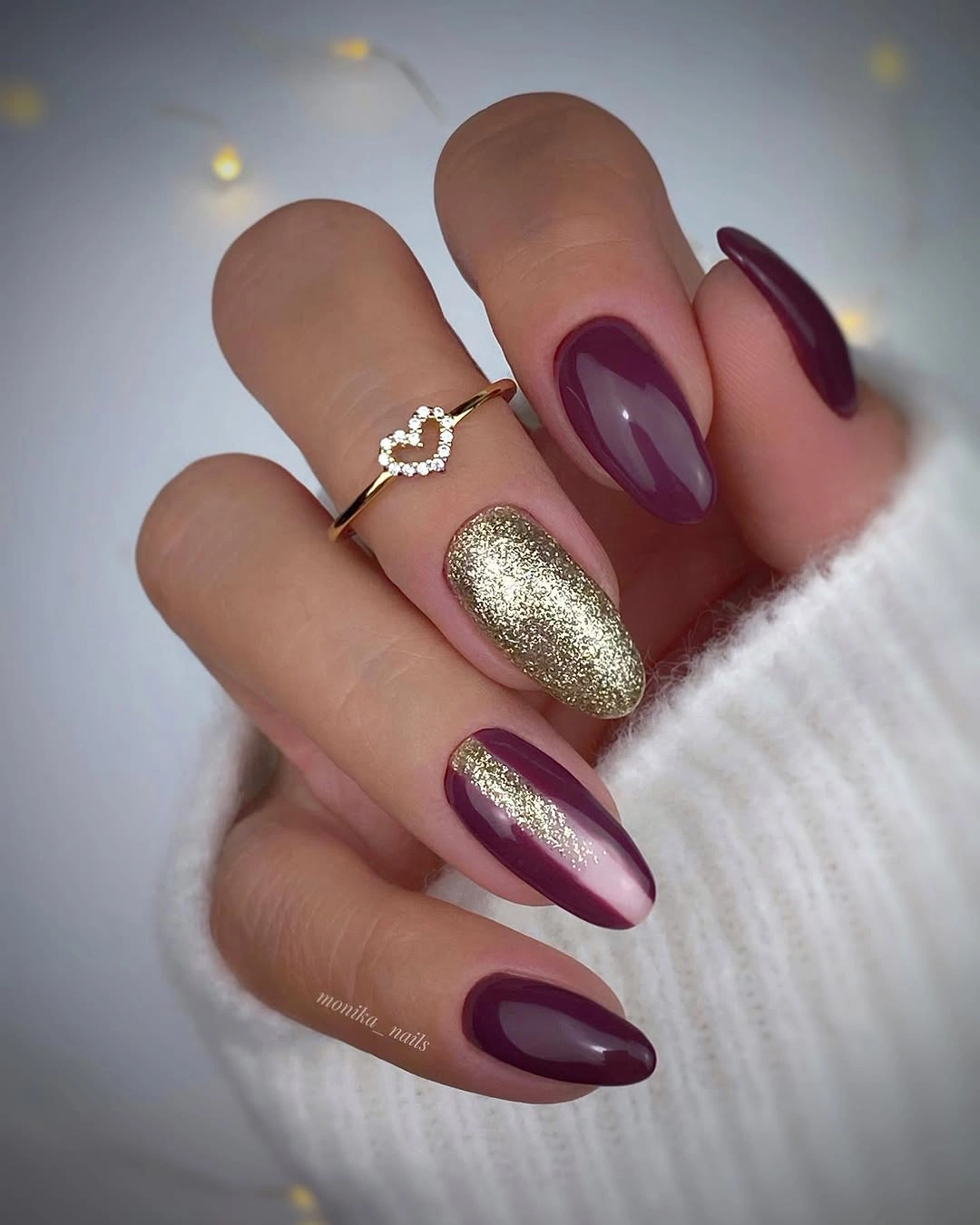 Berry Almond Nails with One Gold Glitter Accent