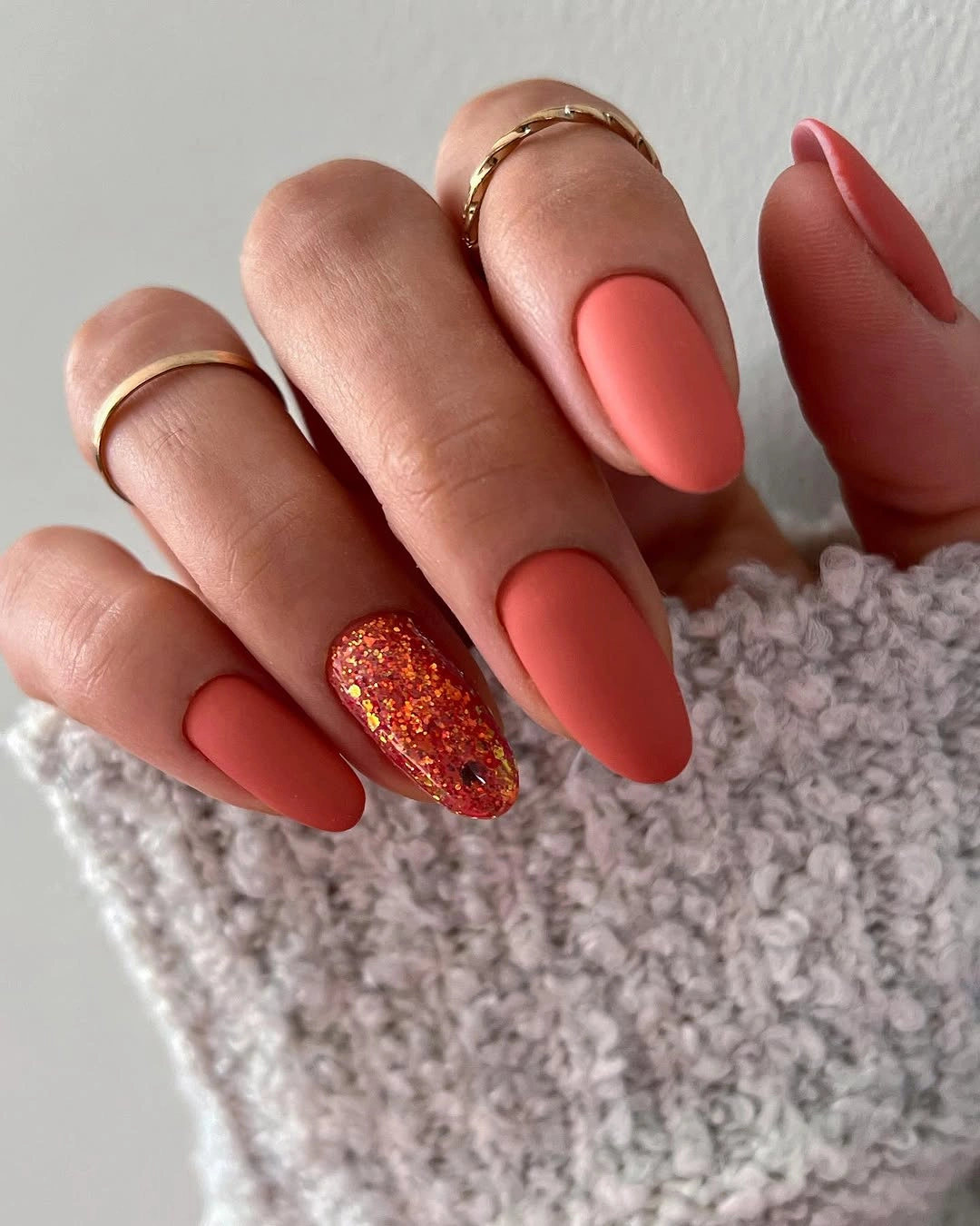 Matte Coral Orange with One Copper Glitter Nail