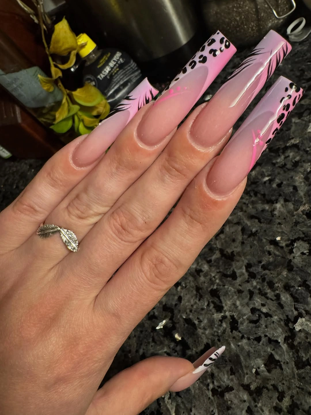 Pink coffin nails with black hot pink and white graphic tips