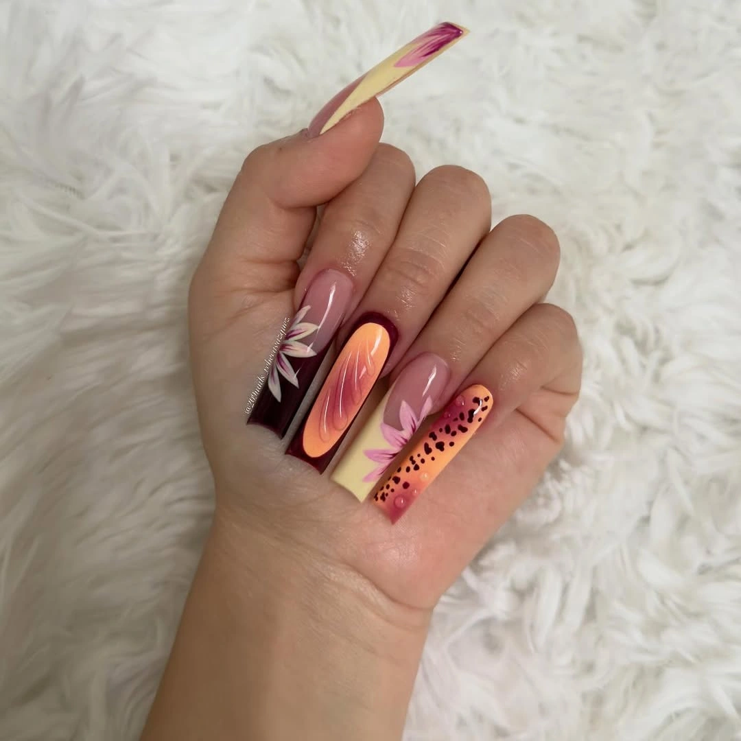 Burgundy nude and dusty rose long nails with gold line art