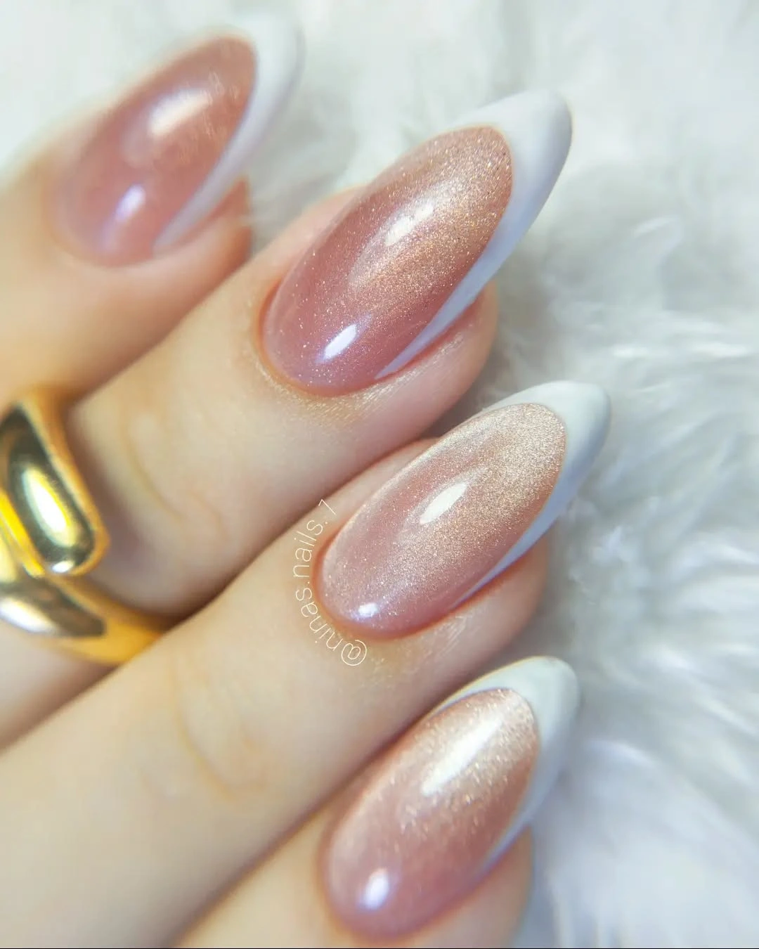 Pearlescent blush almond nails with soft white edges
