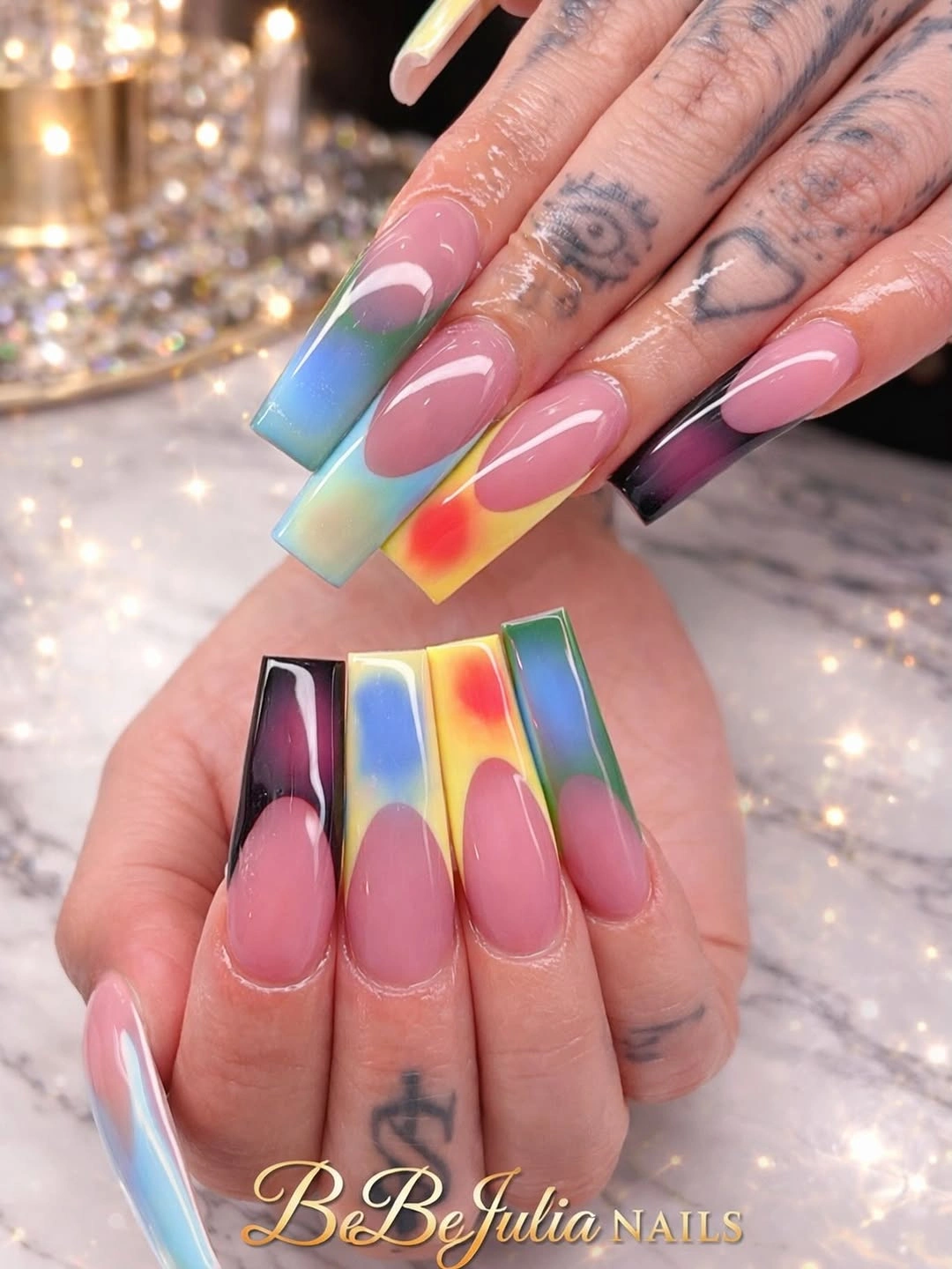 Long pink coffin nails with reflective multicolor tip blocks