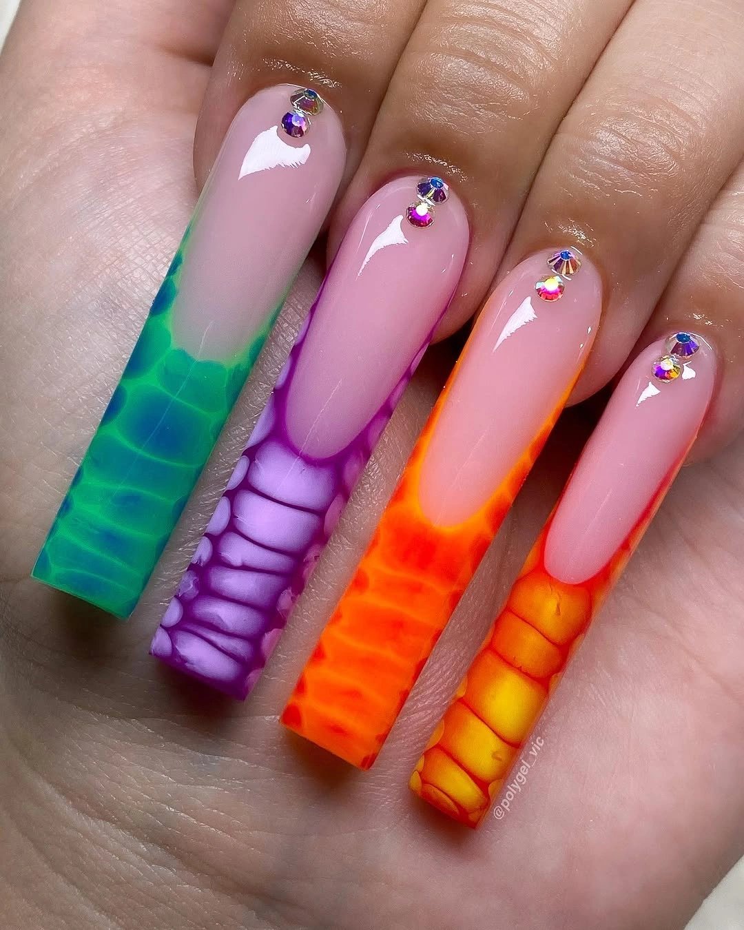 Long square nails with neon rainbow ribbed textured tips
