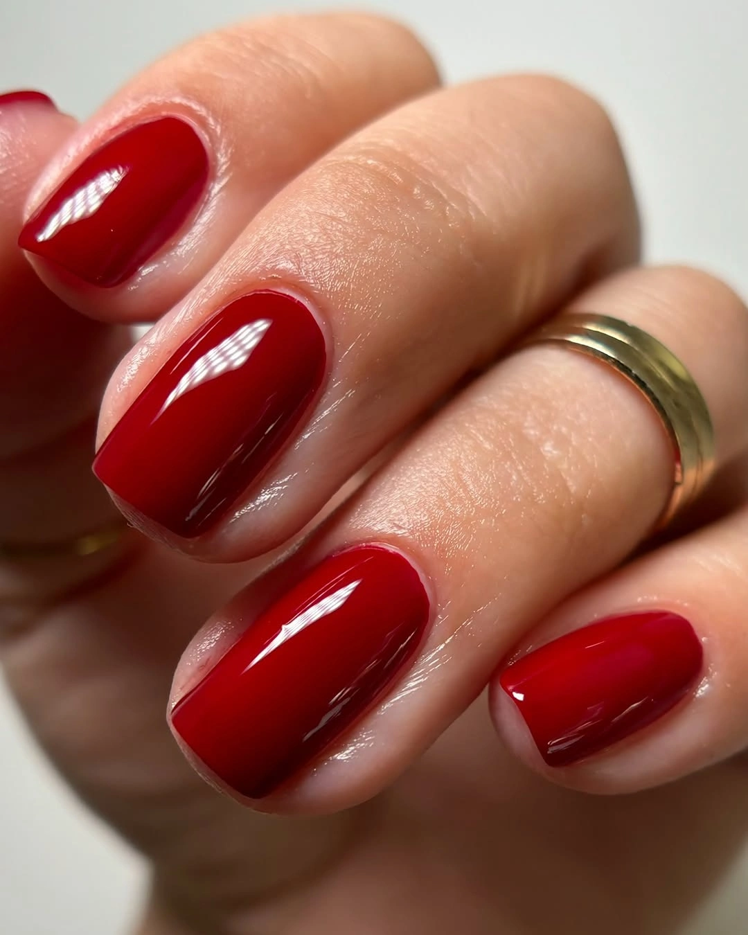 short square nails in glossy deep cherry red