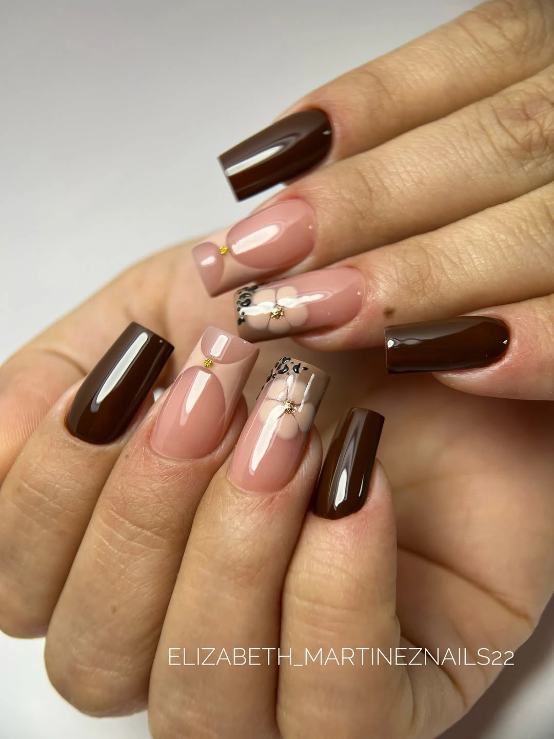 Long square nails with chocolate brown blush and small detail