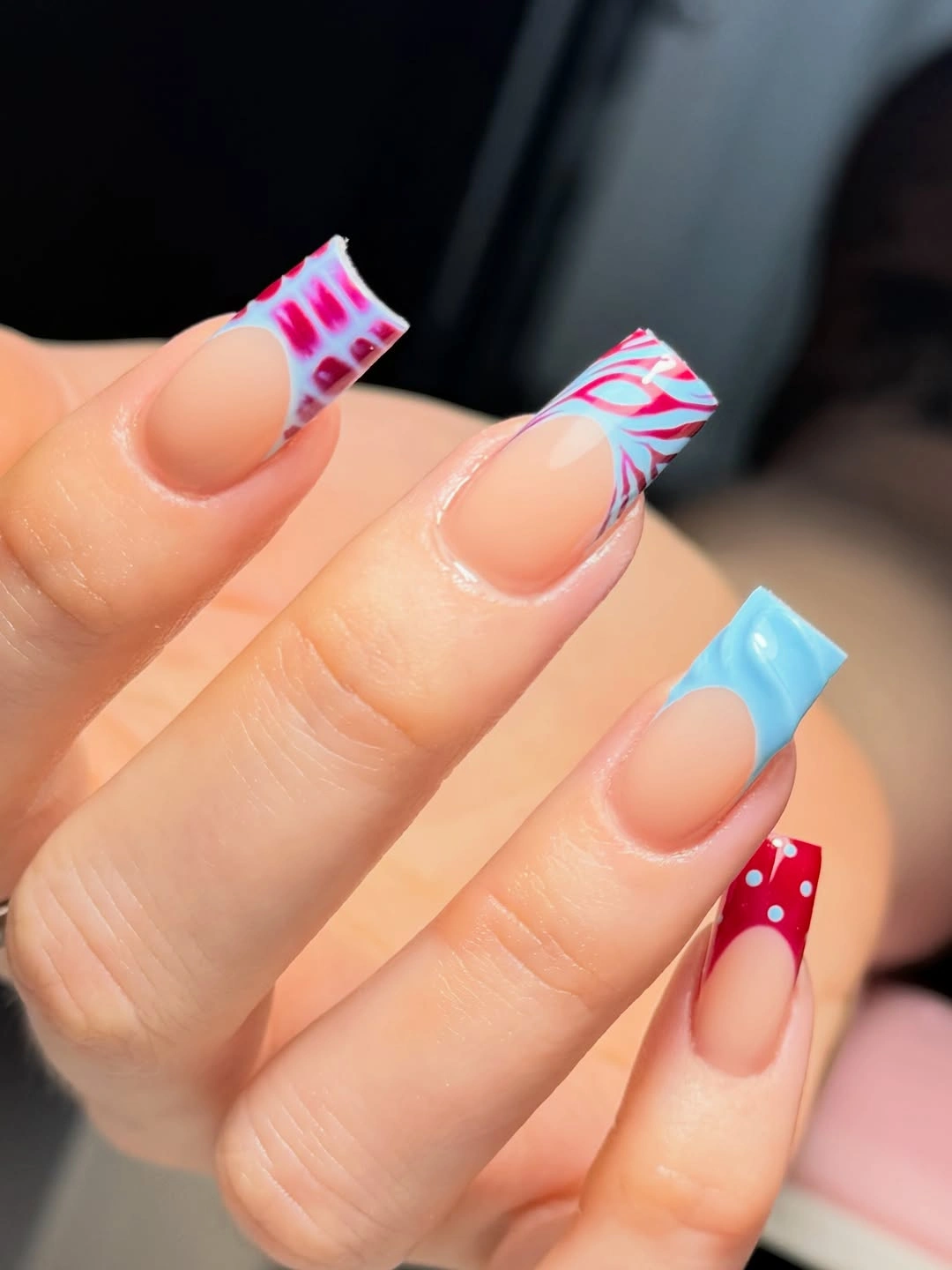 nude square nails with colorful striped and dotted tips