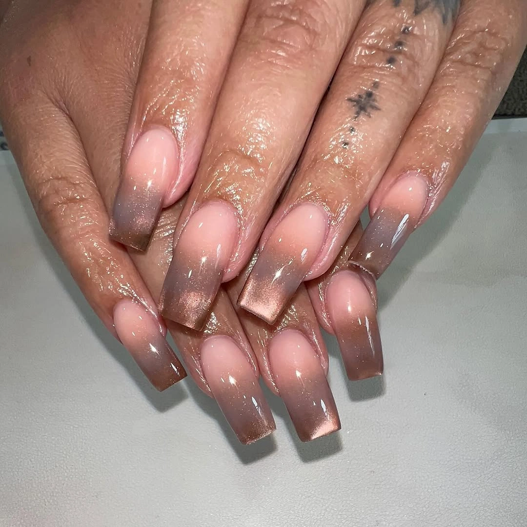 pink square nails with muted taupe geometric French edges