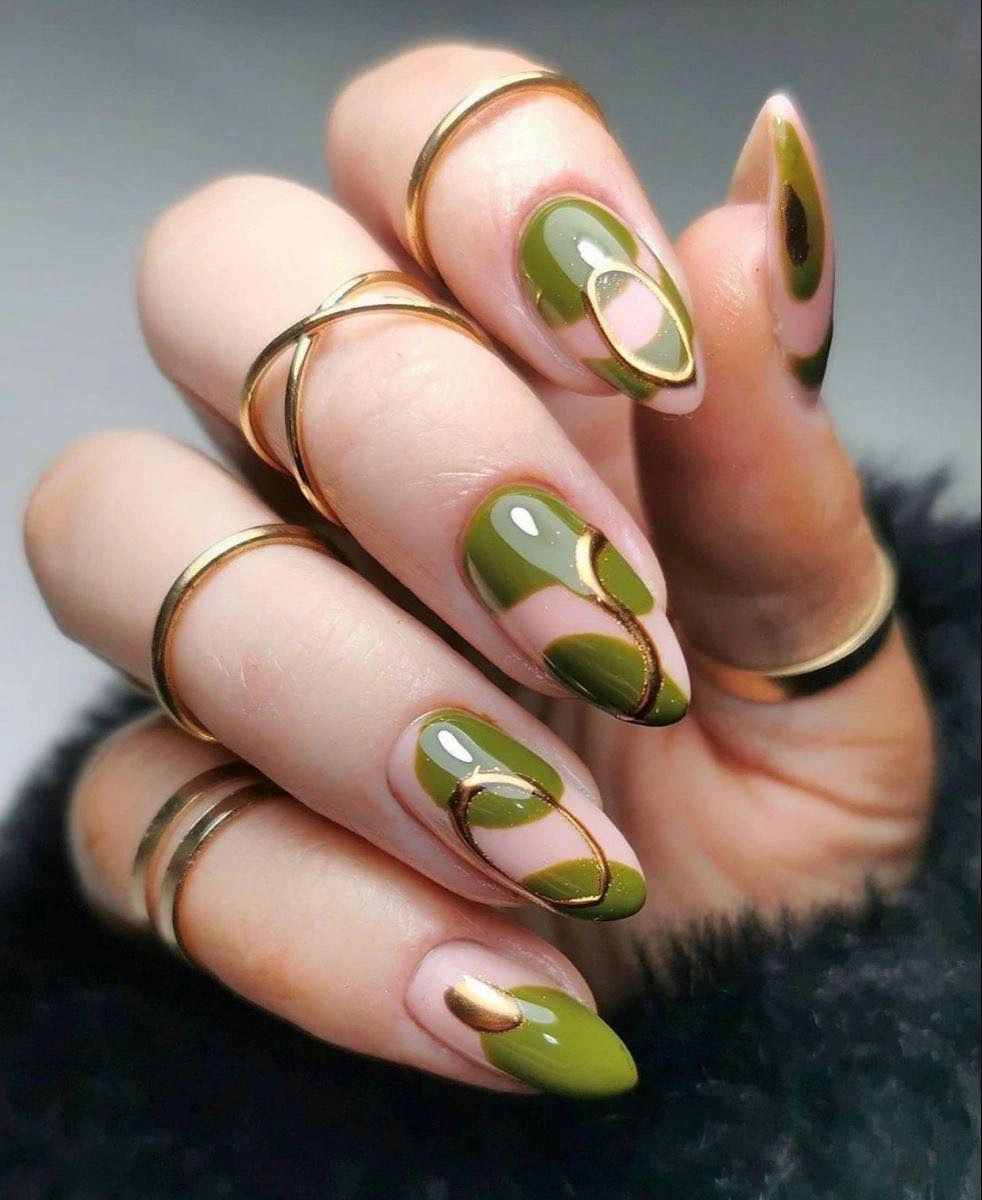 Medium almond nails with olive green curves and open pink space