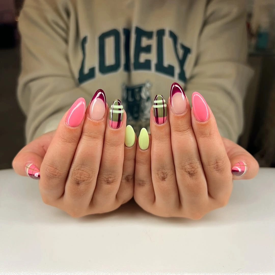 Short pink plaid nails with lime and burgundy accents