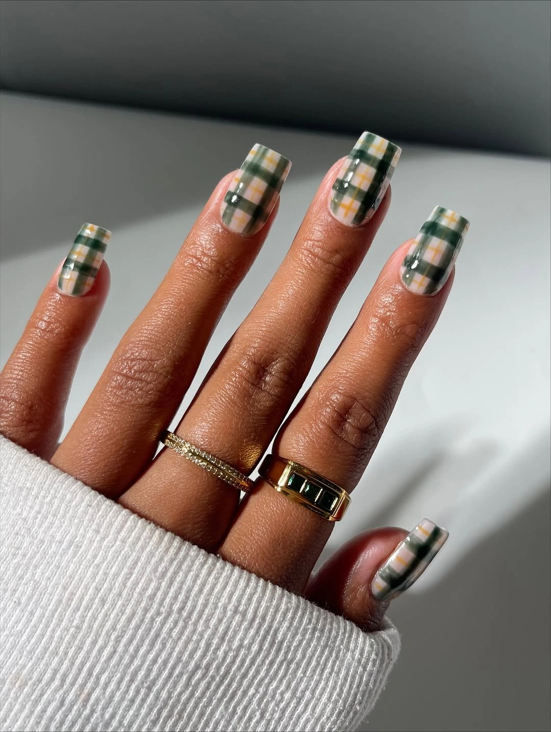 Green plaid square nails with soft yellow lines