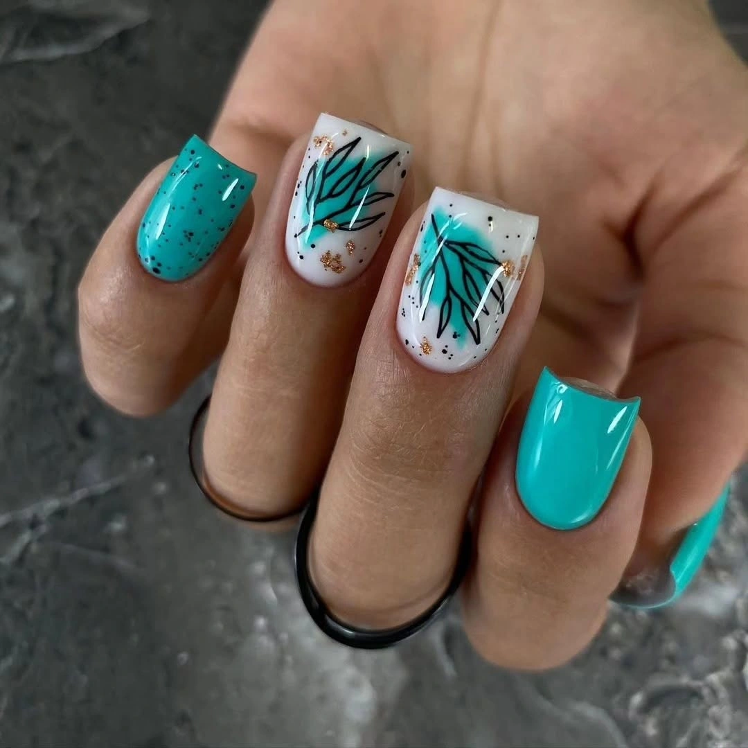 Turquoise square nails with white botanical accent line art