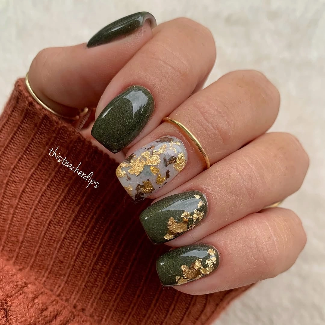 Short olive square nails with gray and gold accent