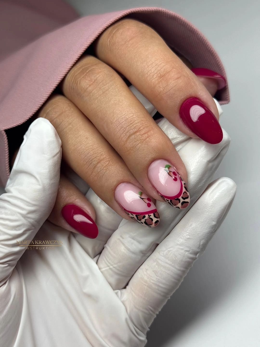 Berry almond fall nails with pale pink accents