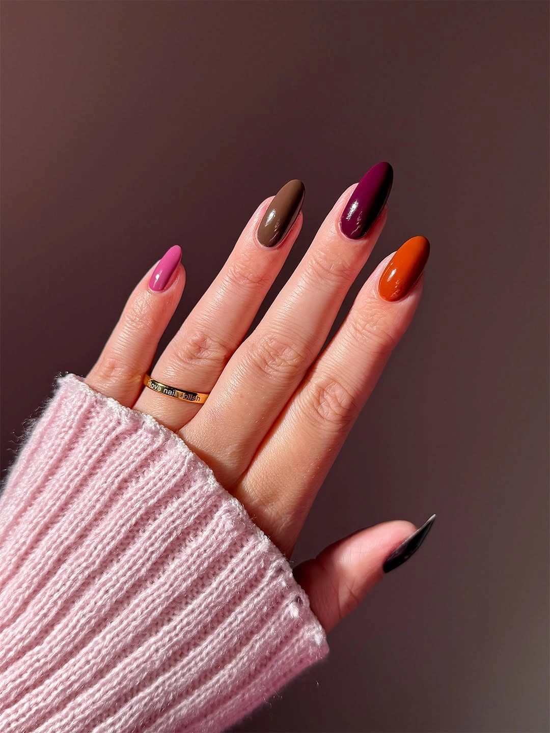 Multicolor almond nails in pink brown plum and orange