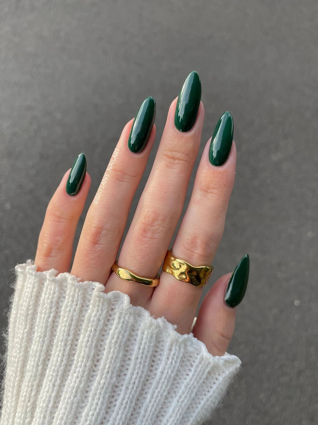 Glossy deep olive almond nails for fall