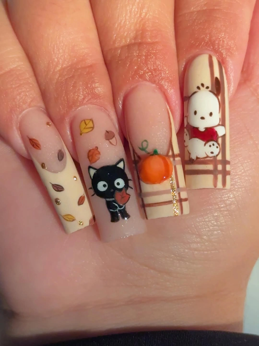 Cream square fall nails with leaves pumpkin and plaid