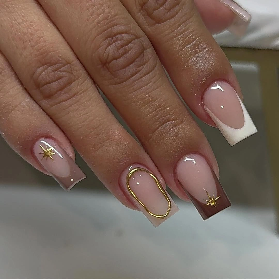 Blush square nails with white French tips and fine gold details
