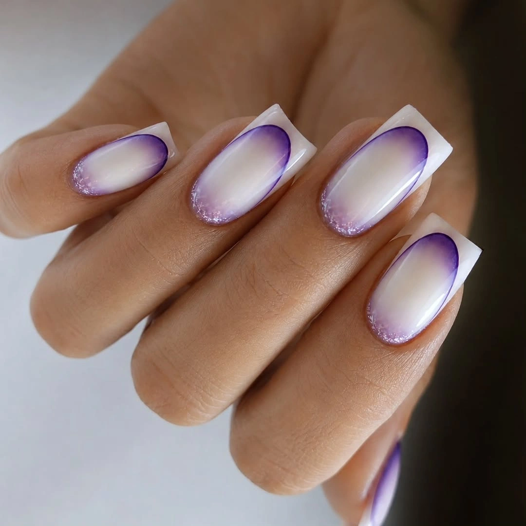 Medium square nails with lavender purple outlines and sheer centers