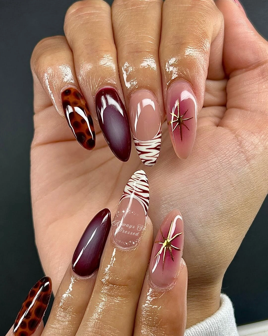 Brown pink rounded square nails with floral plaid and gold accents