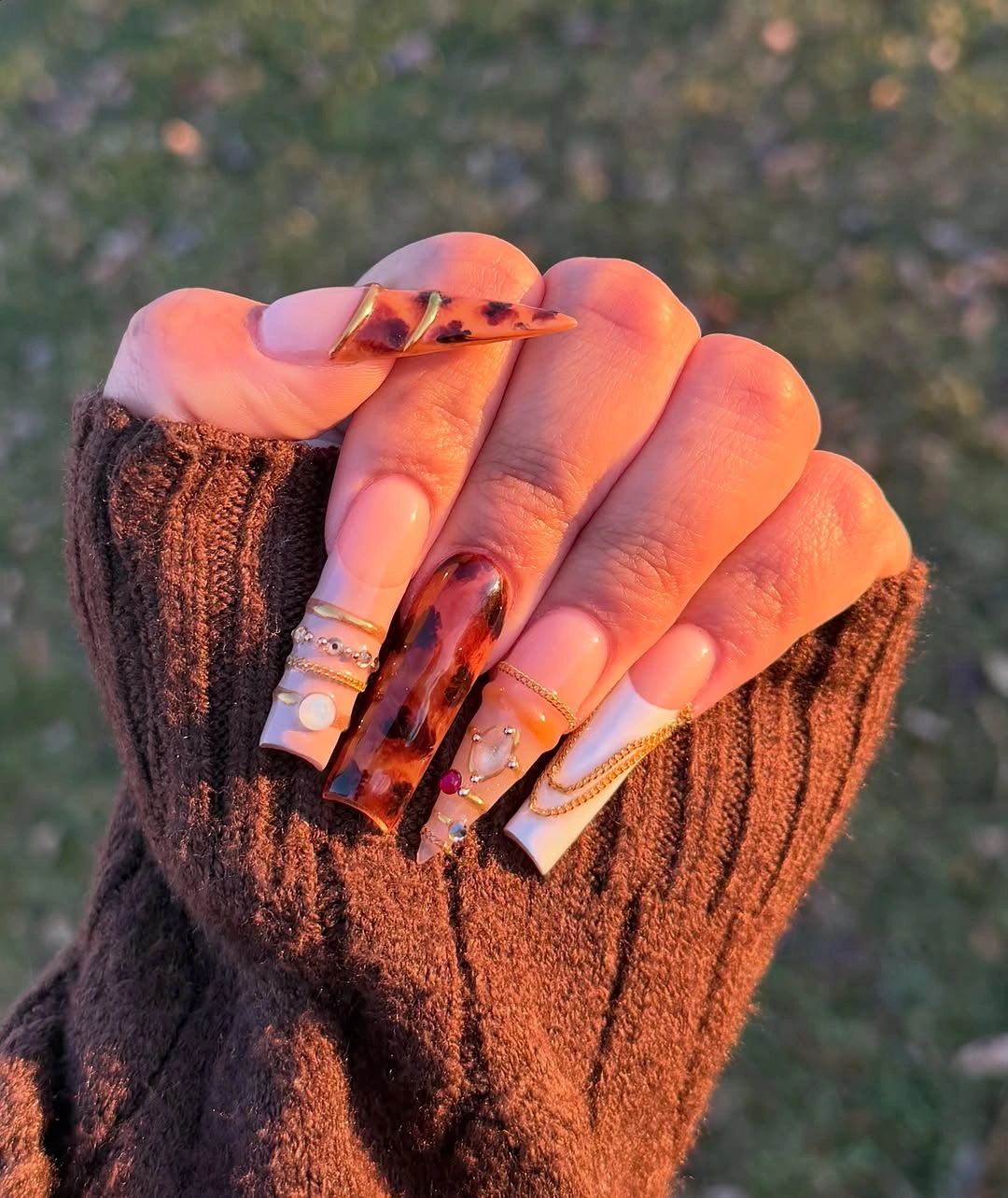 Rust brown long coffin nails with a dark seasonal accent