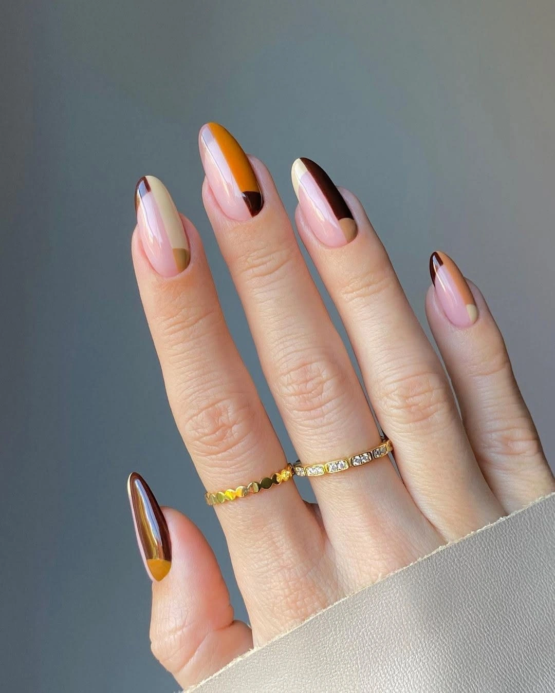 Cream pink orange and brown almond French tips for fall