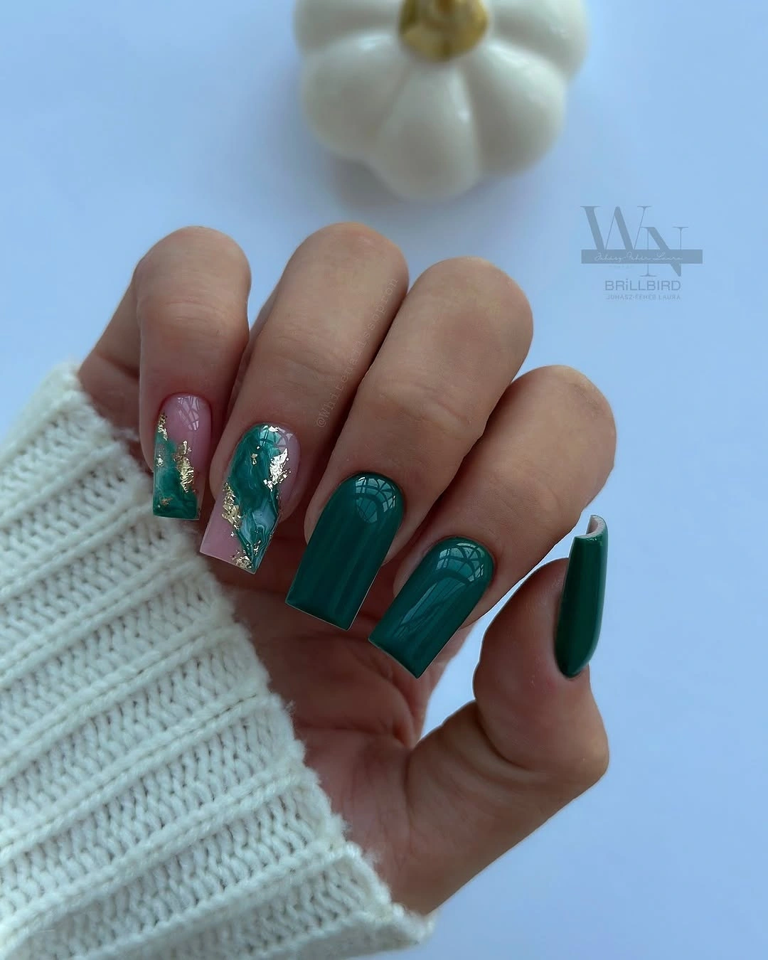 Long coffin nails in deep teal with one reflective teal accent nail
