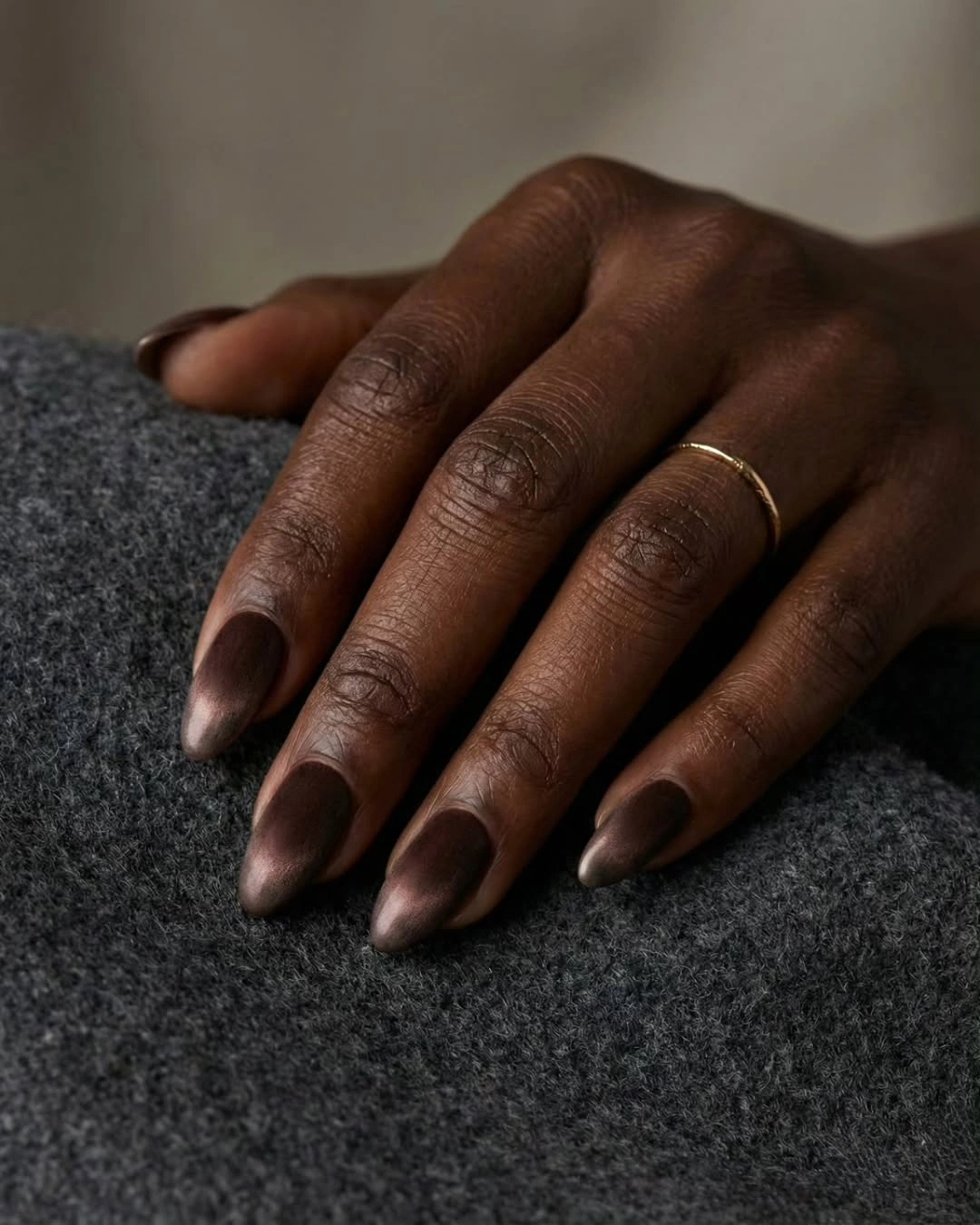 Short almond brown gradient fall nails on dark skin