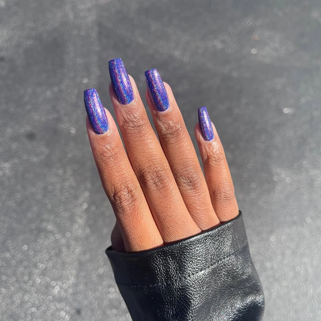 Long coffin blue purple shimmer fall nails on dark skin