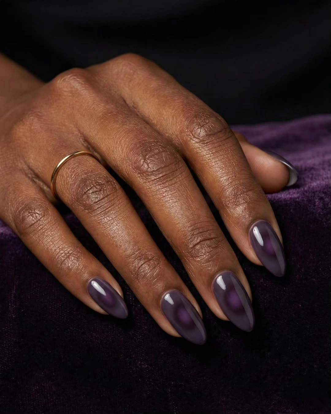 Medium almond deep plum fall nails on dark skin