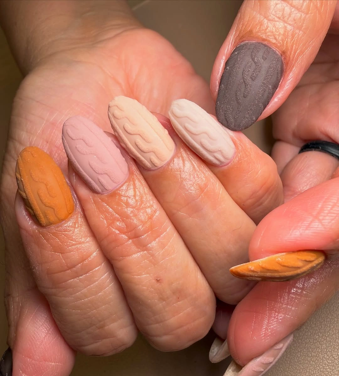 Mixed orange lilac and textured neutral fall nails