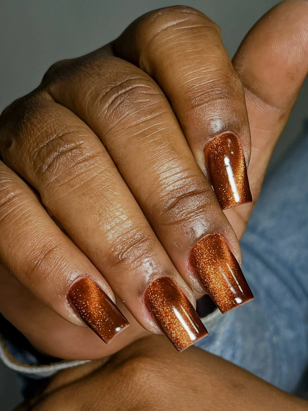 Medium square nails in reflective copper bronze shimmer