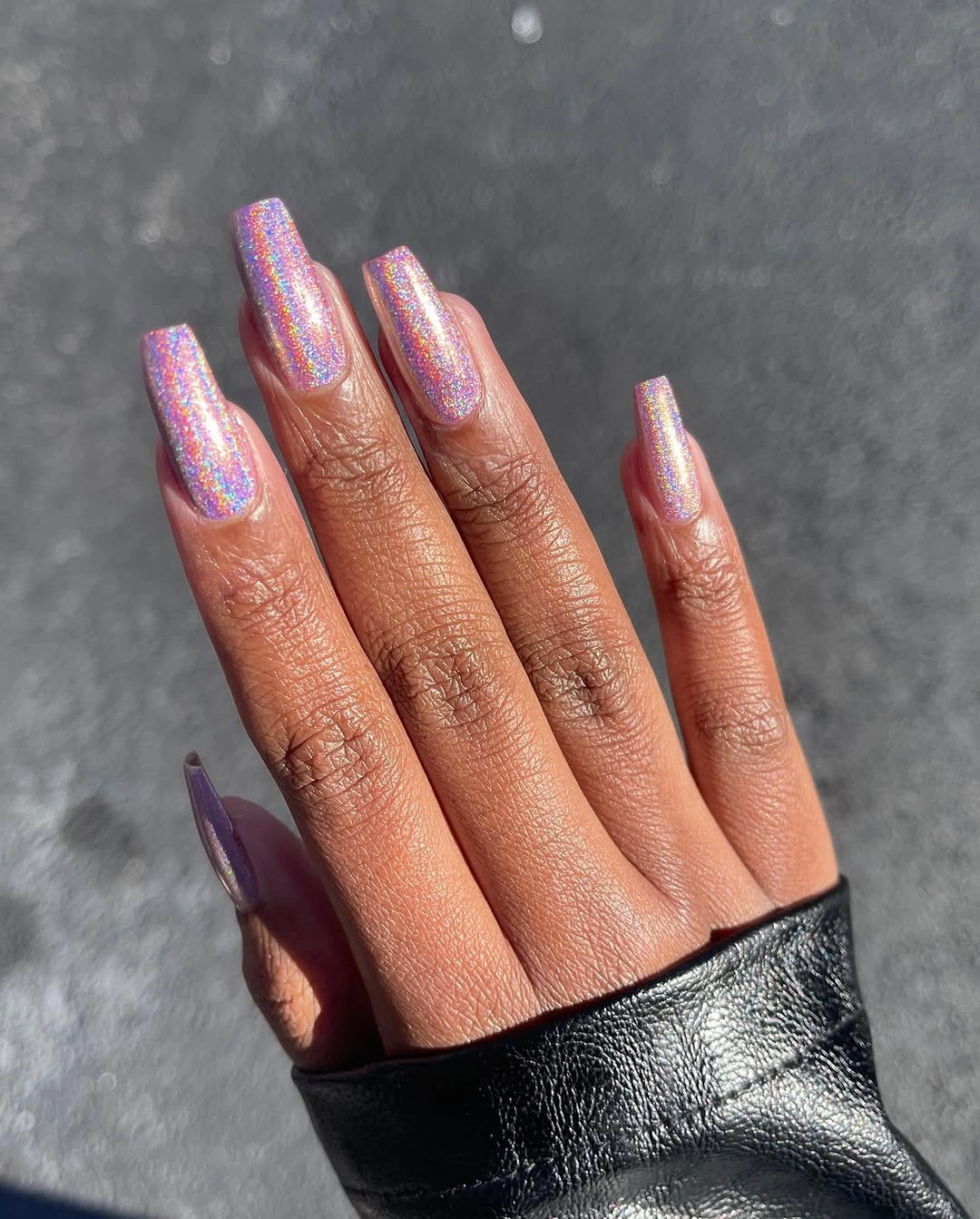 Lavender reflective long coffin nails with cool sparkling tips