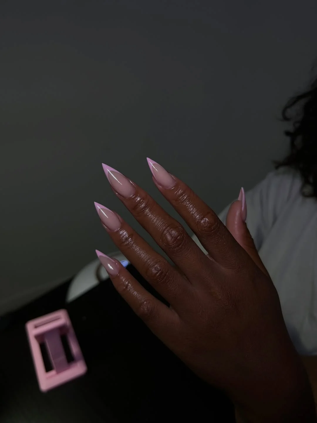 Berry pink stiletto nails with sharp dark contrast sections