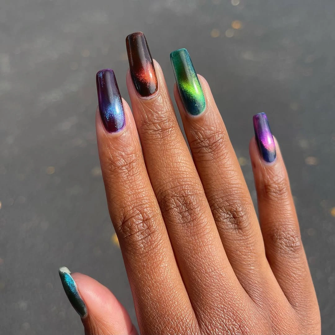 Multicolor metallic long coffin nails in blue violet green and copper