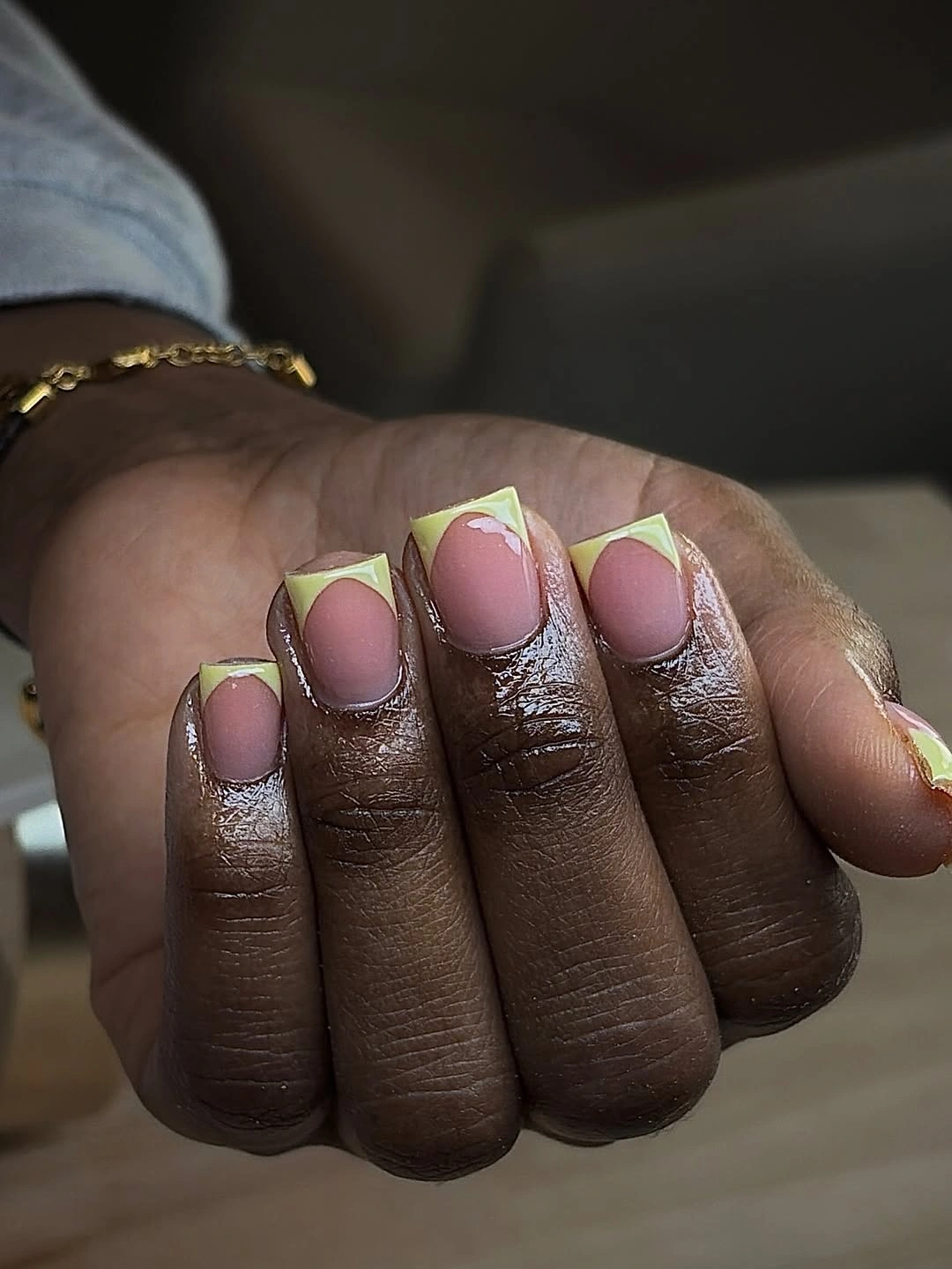 Mauve pink and white French blocks on short rounded nails
