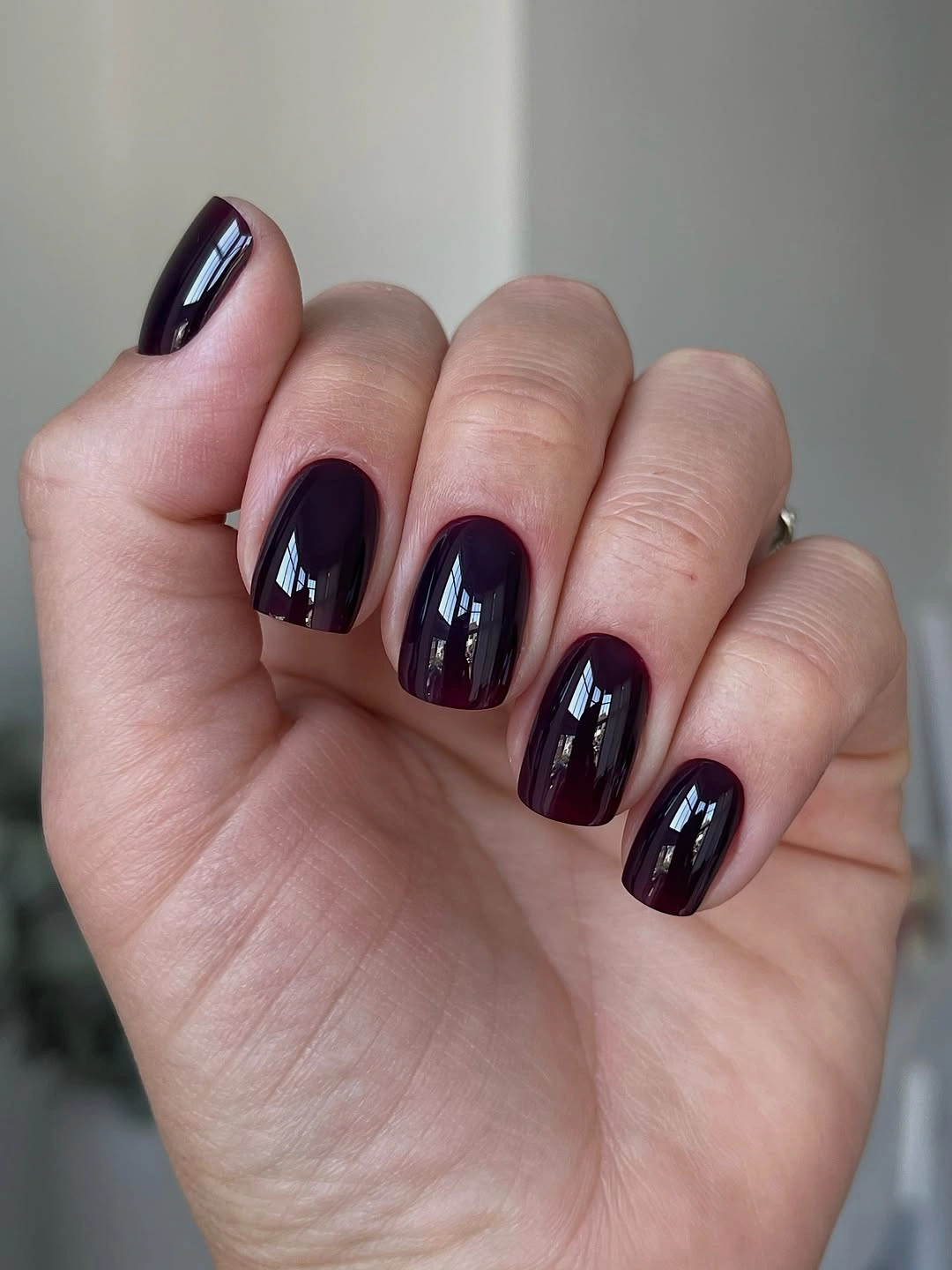 Short glossy dark burgundy square nails for fall